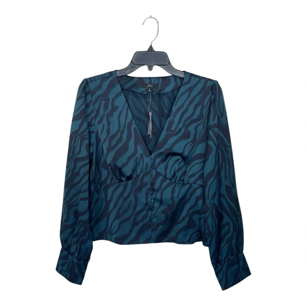 NWT J. Crew | Green Black Zebra Print Long Sleeve Button Front Side Zip Blouse 6